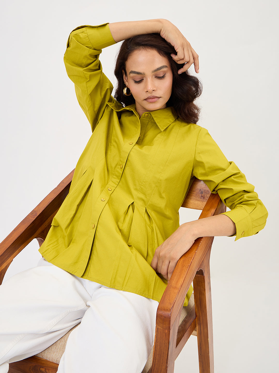 Citrine Green Poplin Pleated A-Line Shirt