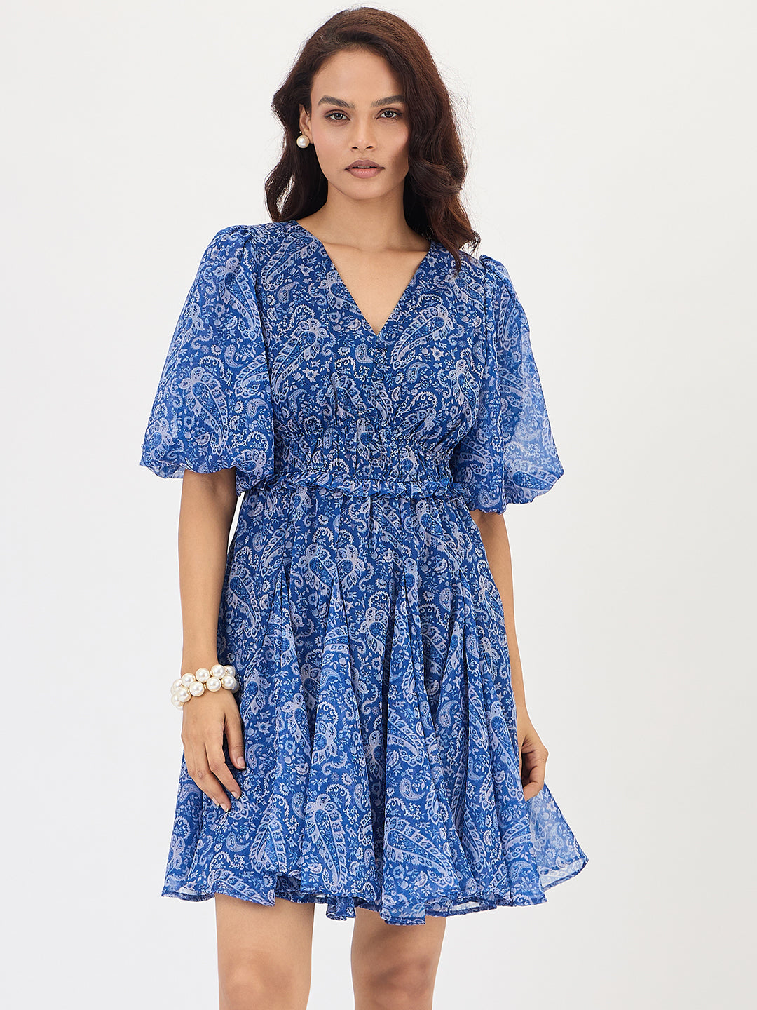 Blue Paisley Printed Mini Dress
