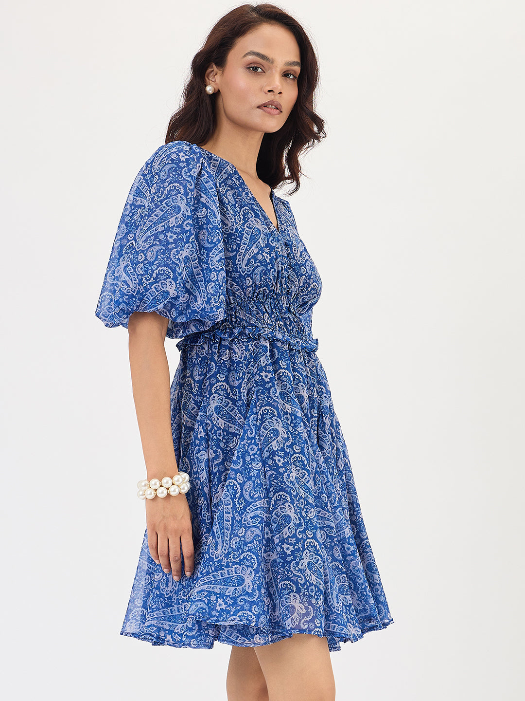 Blue Paisley Printed Mini Dress
