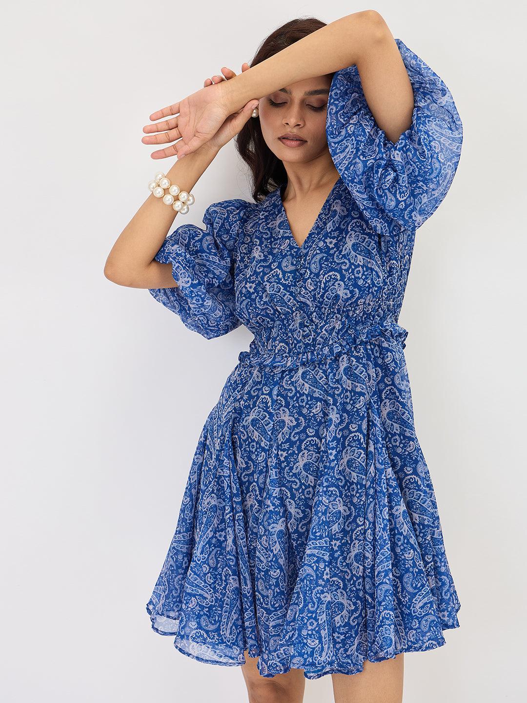 Blue Paisley Printed Mini Dress