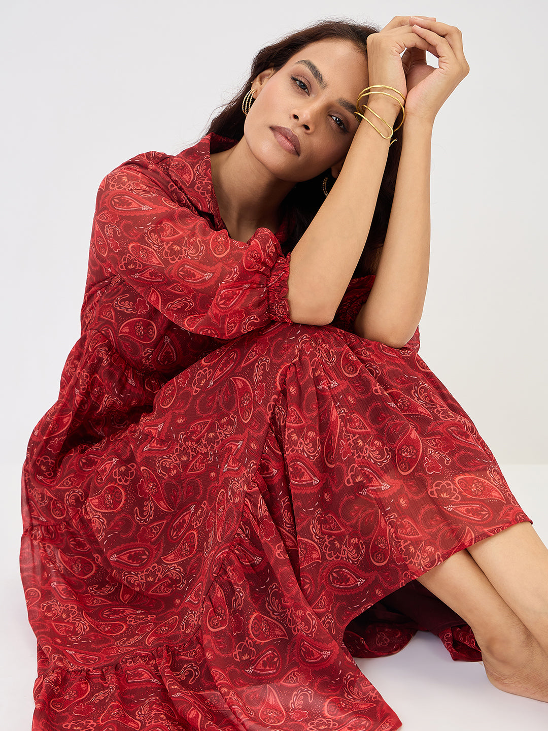 Maroon Paisley Tiered Maxi Dress