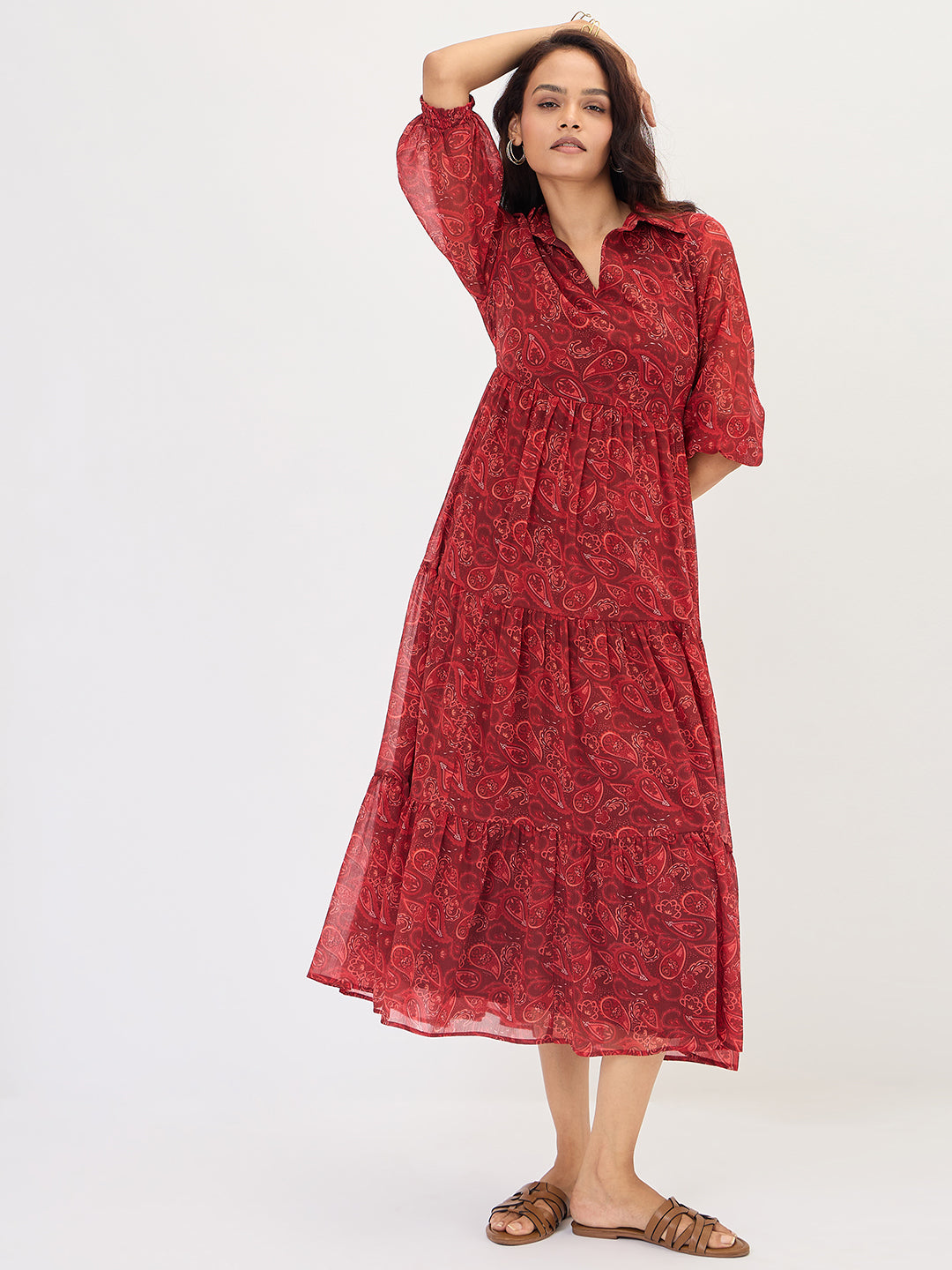 Maroon Paisley Tiered Maxi Dress