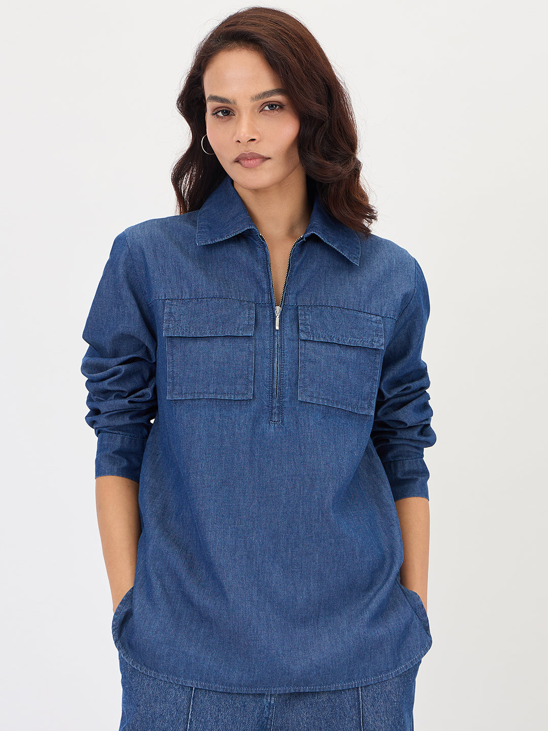 Navy Blue Half Zip Up Denim Top