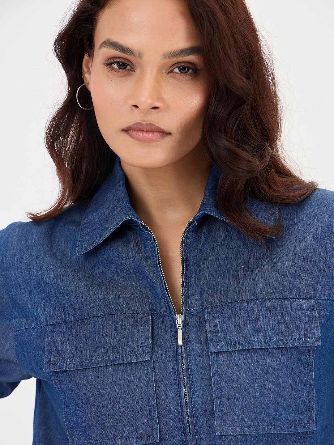 Navy Blue Half Zip Up Denim Top