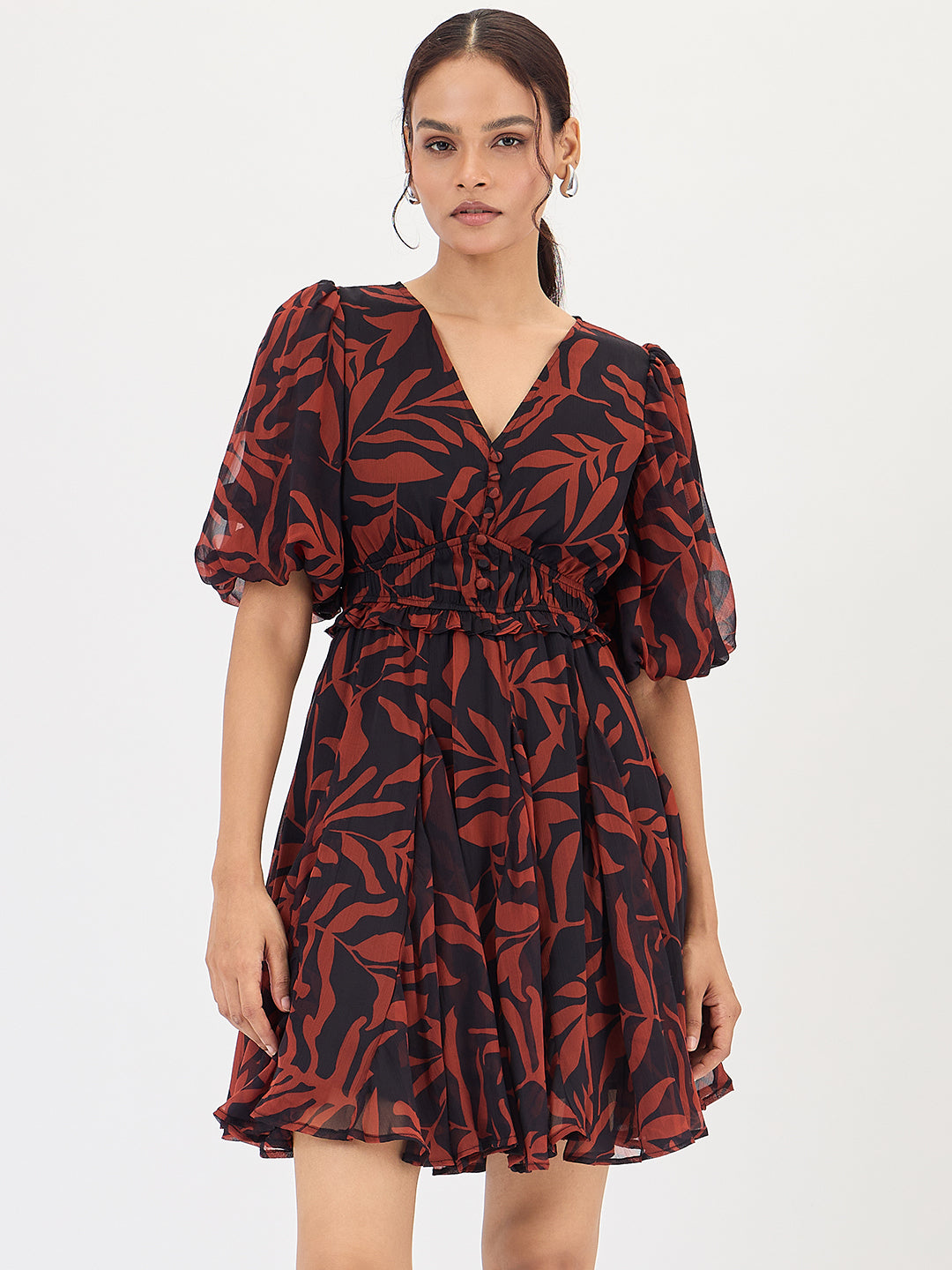 Black And Brown Leaf Printed Mini Dress