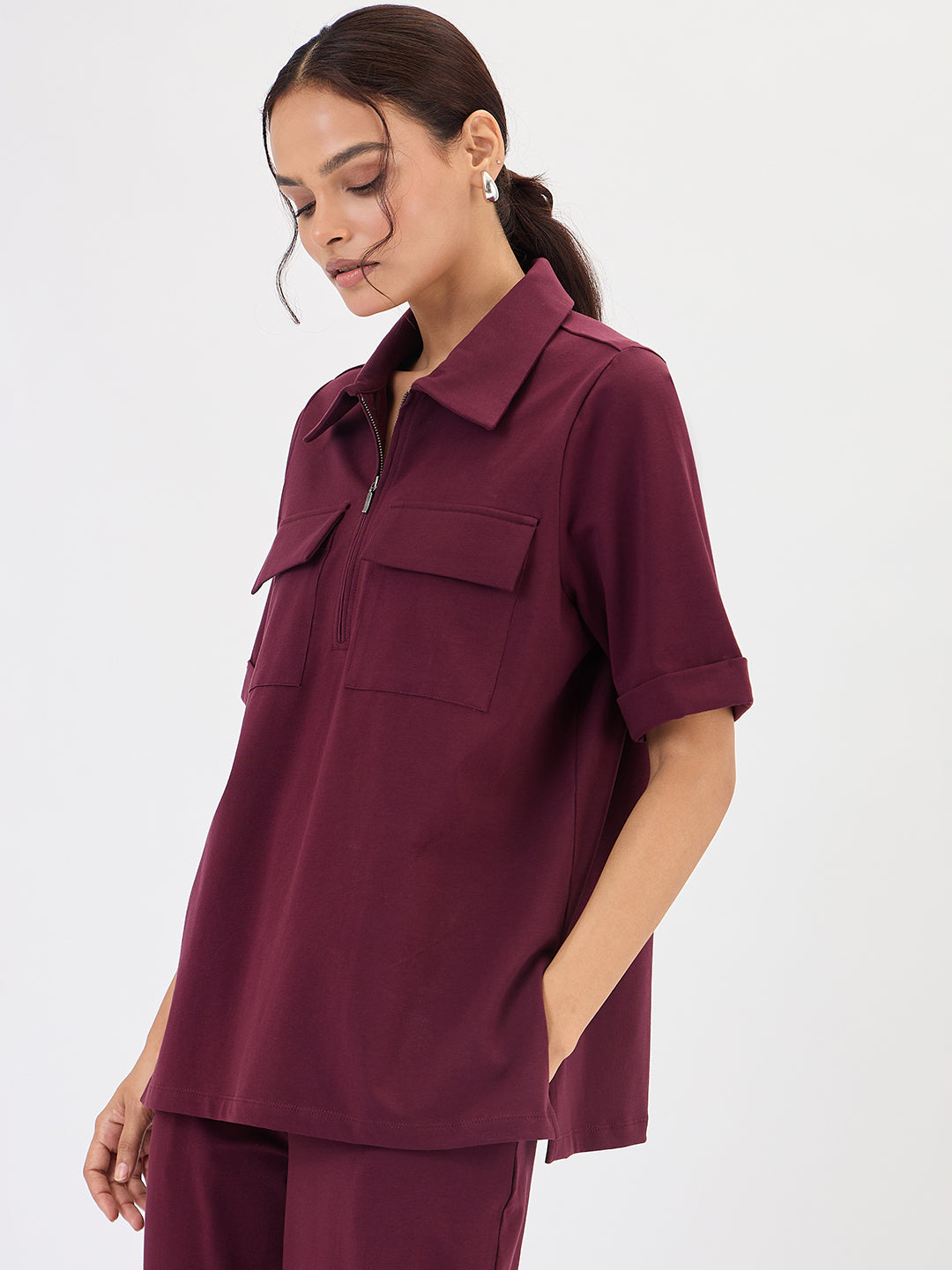 Wine Half Zip Up Travel Top