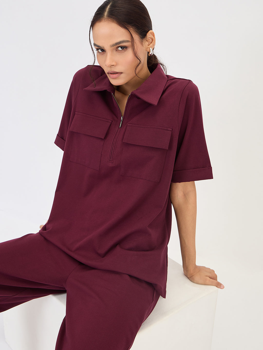 Wine Half Zip Up Travel Top