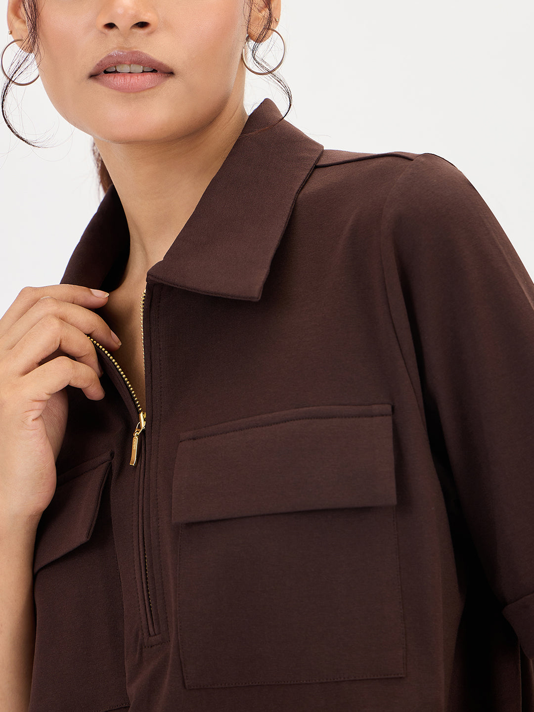 Brown Half Zip Up Travel Top