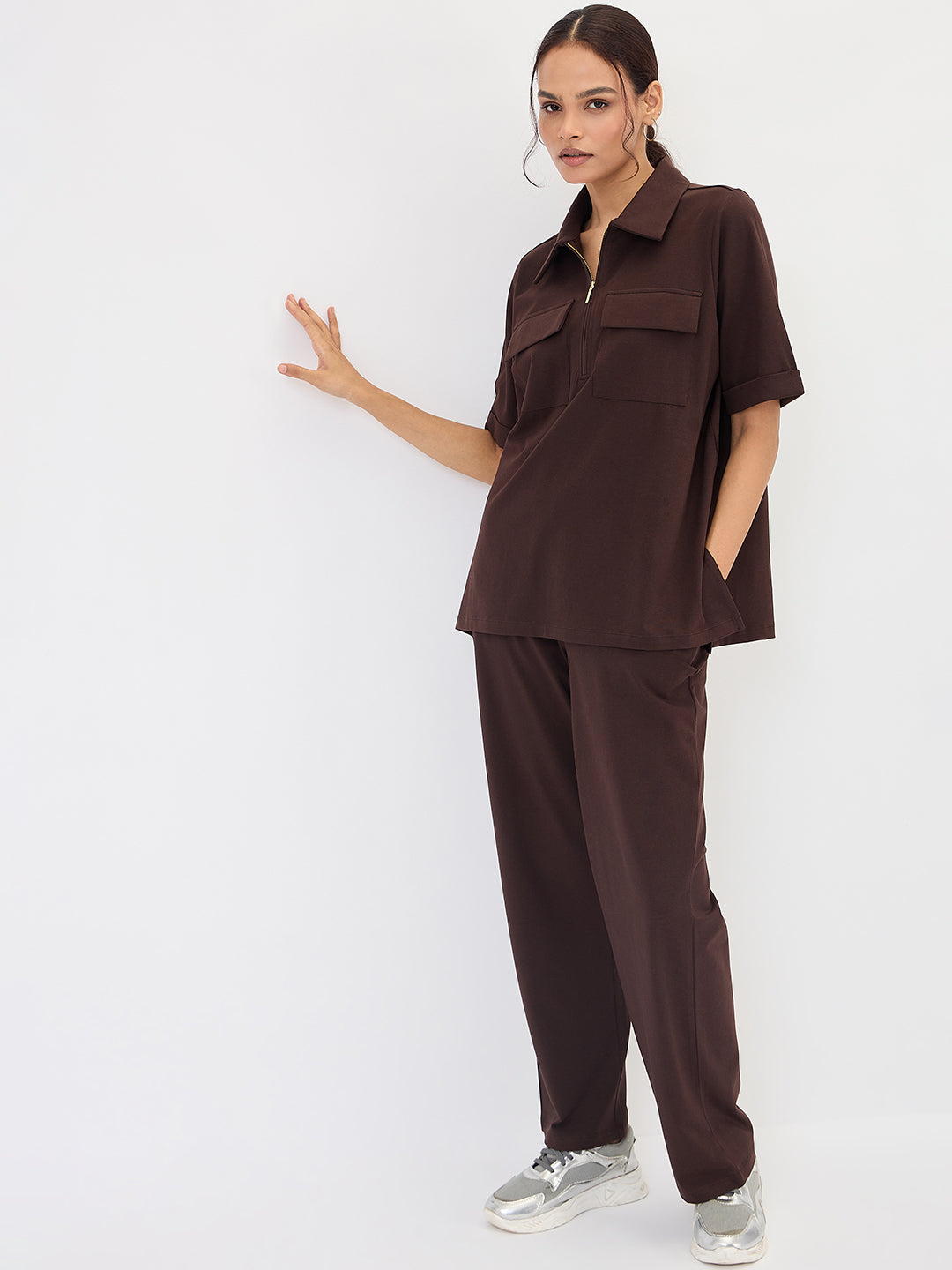 Brown Half Zip Up Travel Top