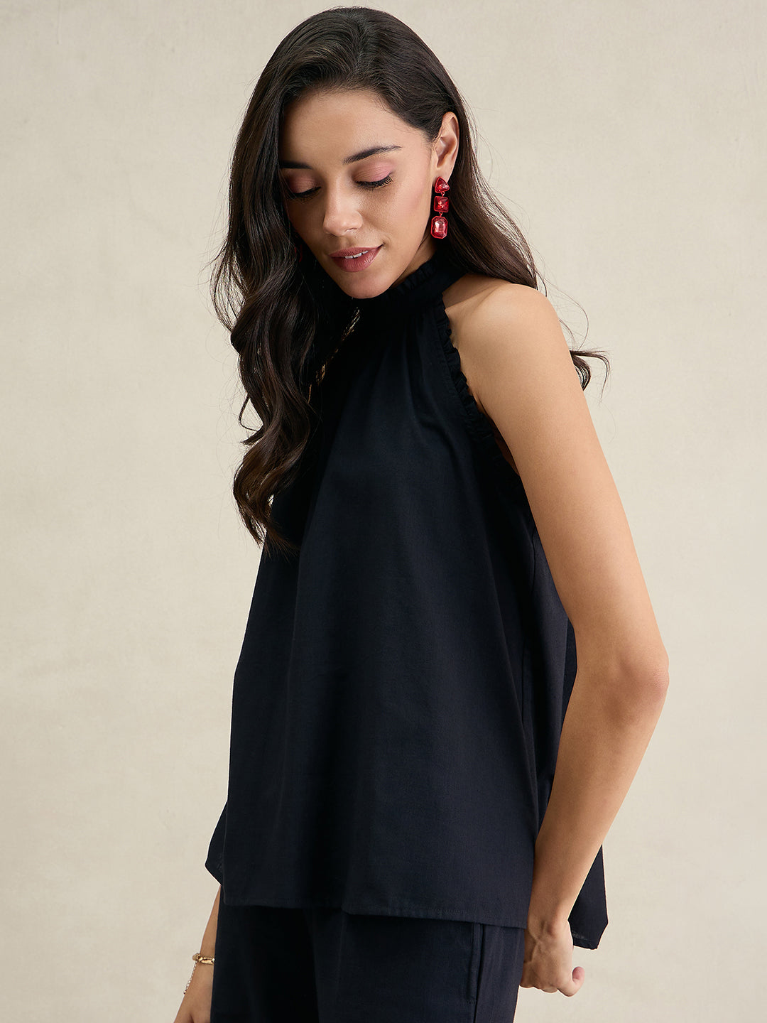 Black Cotton Halter Neck Top