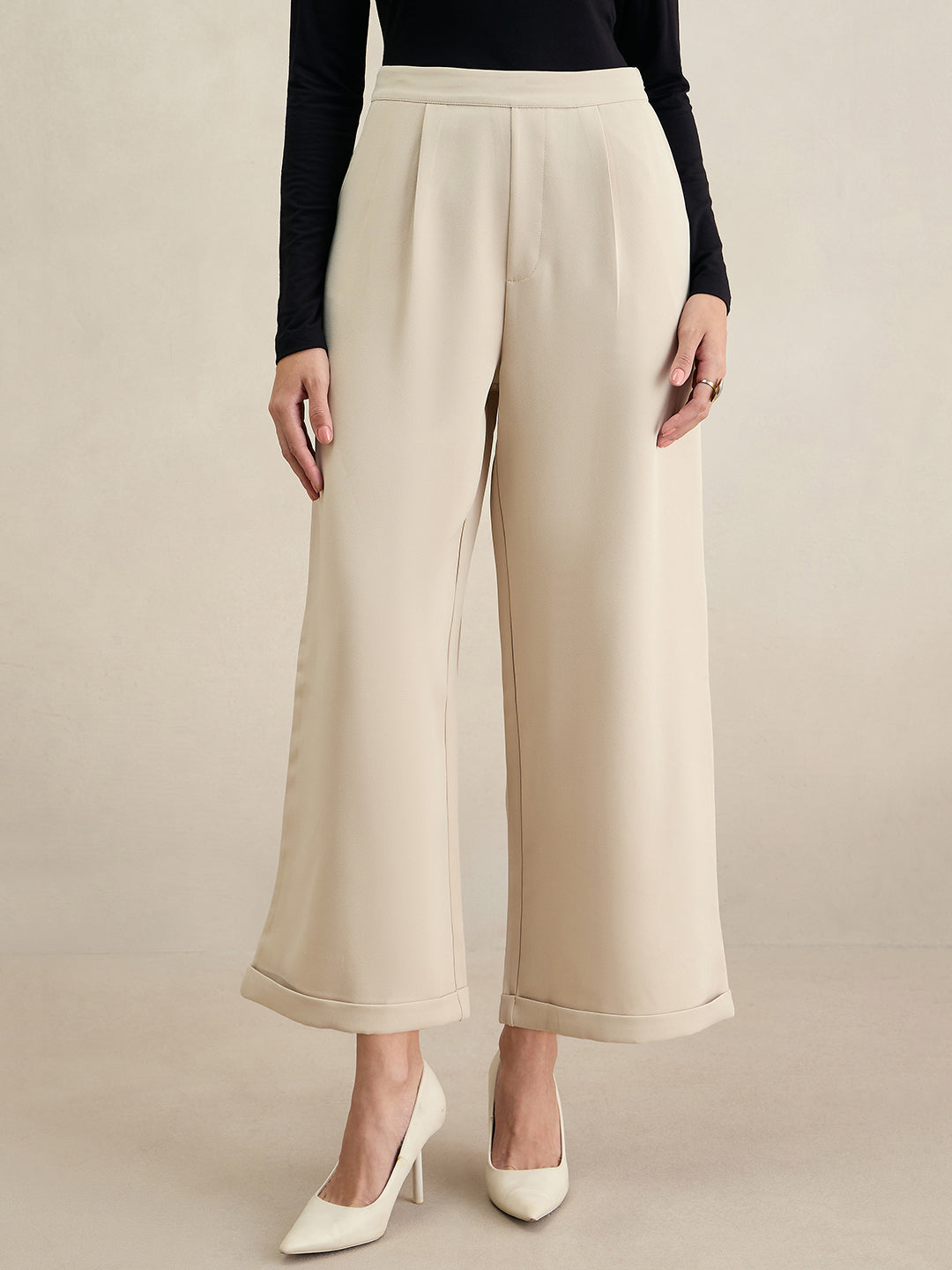 Beige Wide Legged Bottom Fold Up Detail Trousers