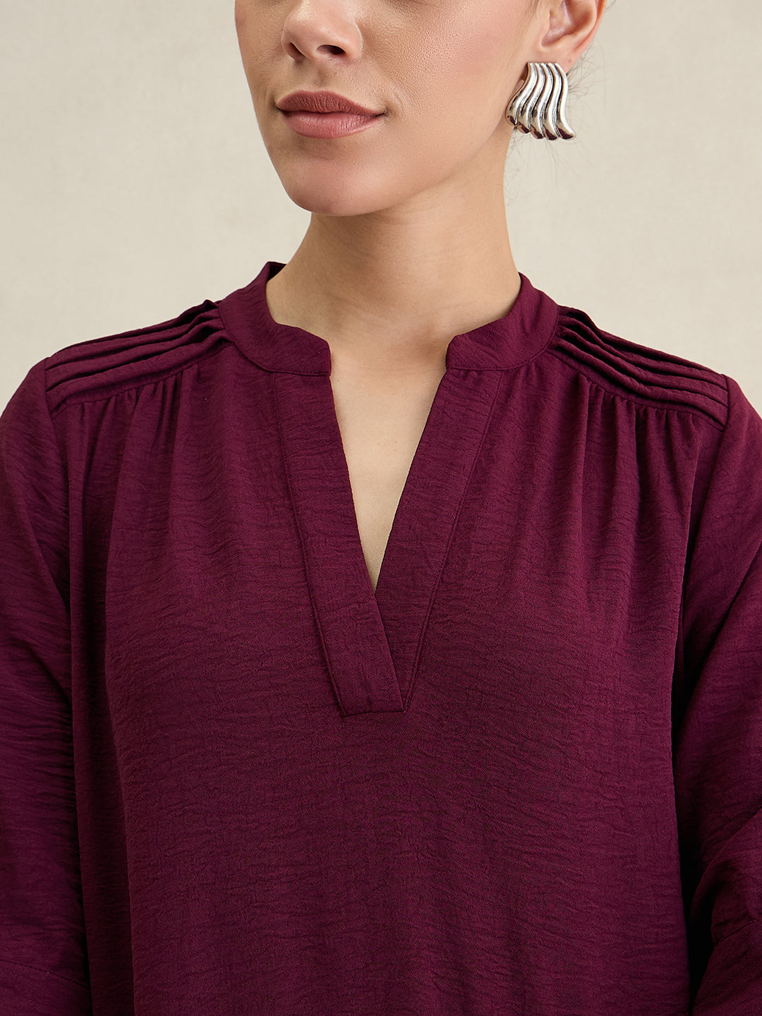 Wine Pleat Detail Midi Dress