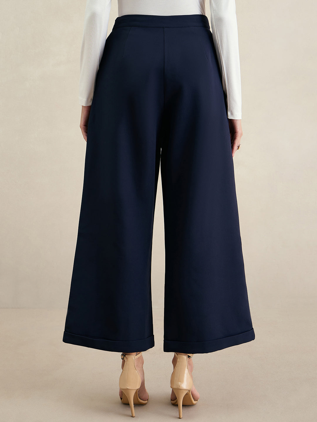 Navy Wide Legged Bottom Fold Up Detail Trousers