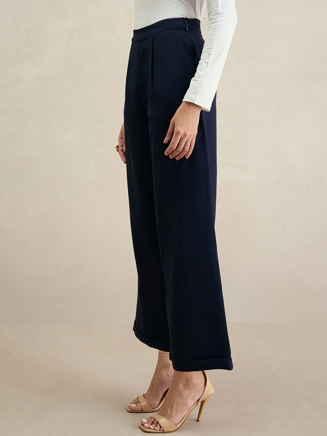 Navy Wide Legged Bottom Fold Up Detail Trousers
