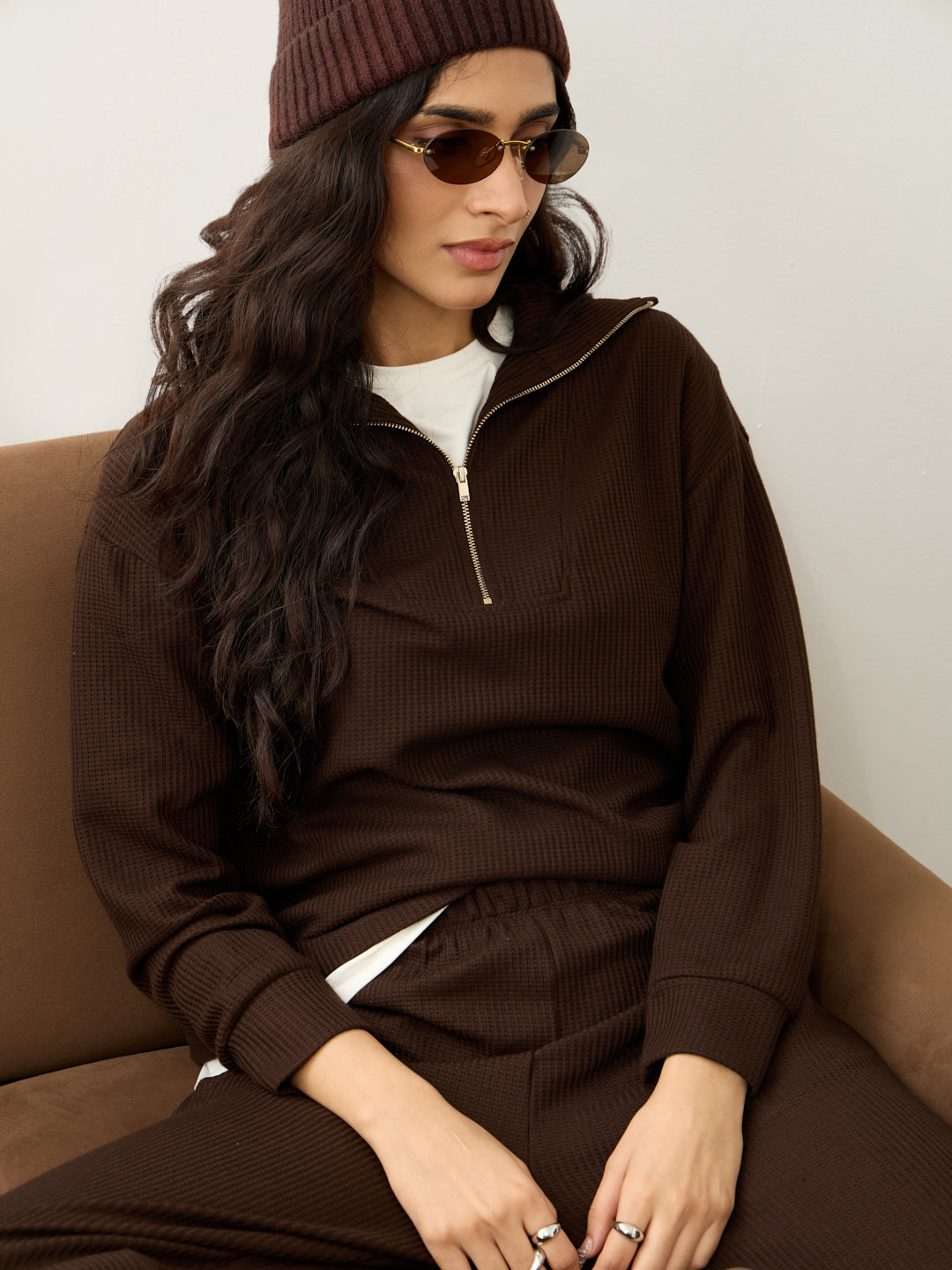 Brown Waffle Zip Yoke Detail Co-Ord Set