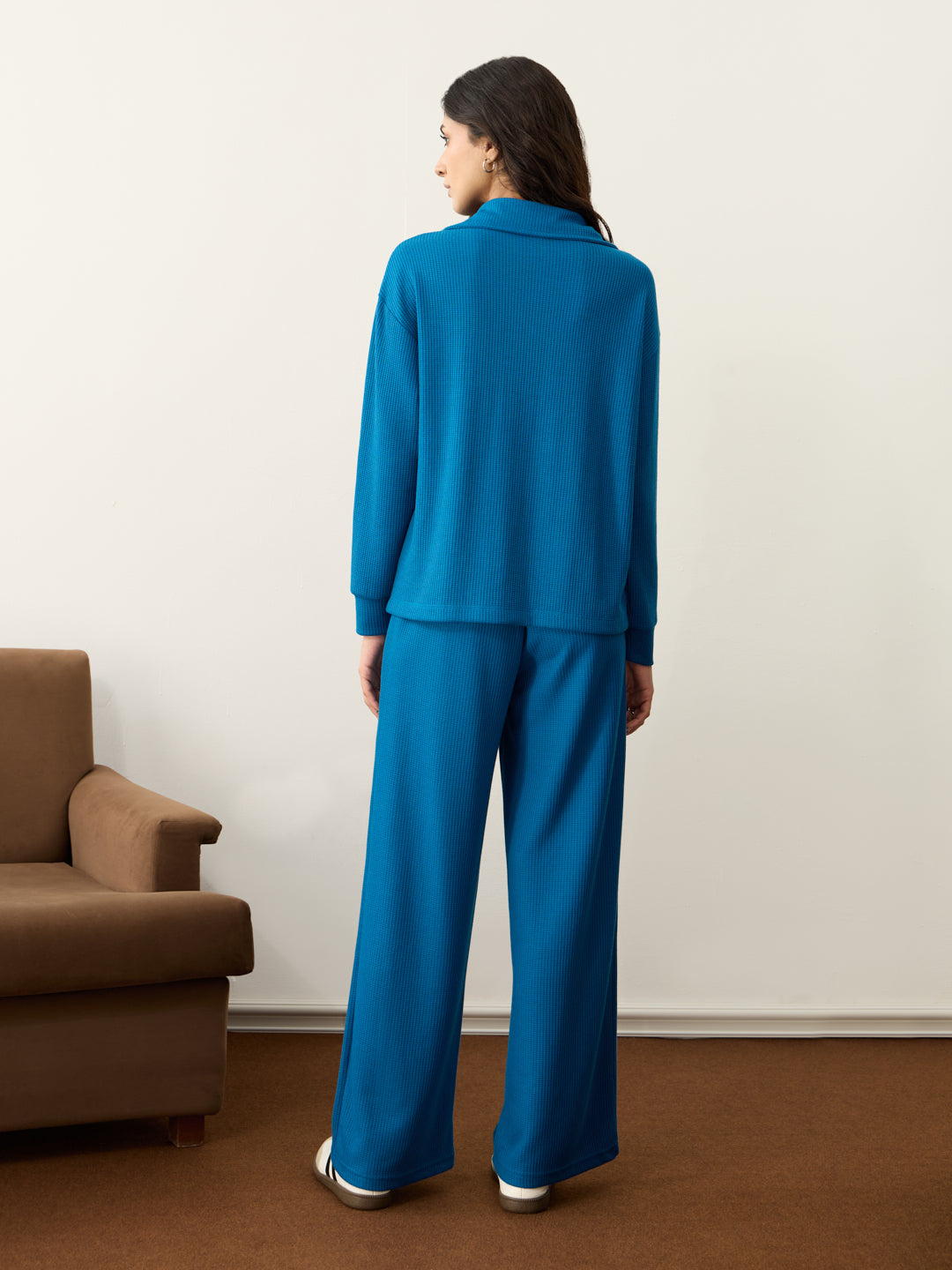 French Blue Waffle Zip Yoke Detail Co-Ord Set