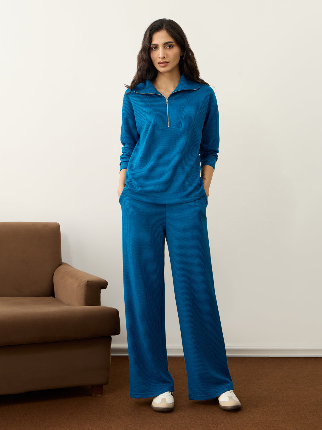 French Blue Waffle Zip Yoke Detail Co-Ord Set