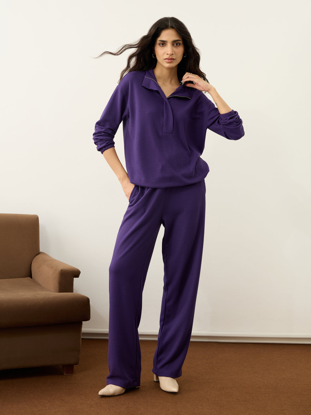 Deep Purple Waffle Half Zip Up Co-Ord Set