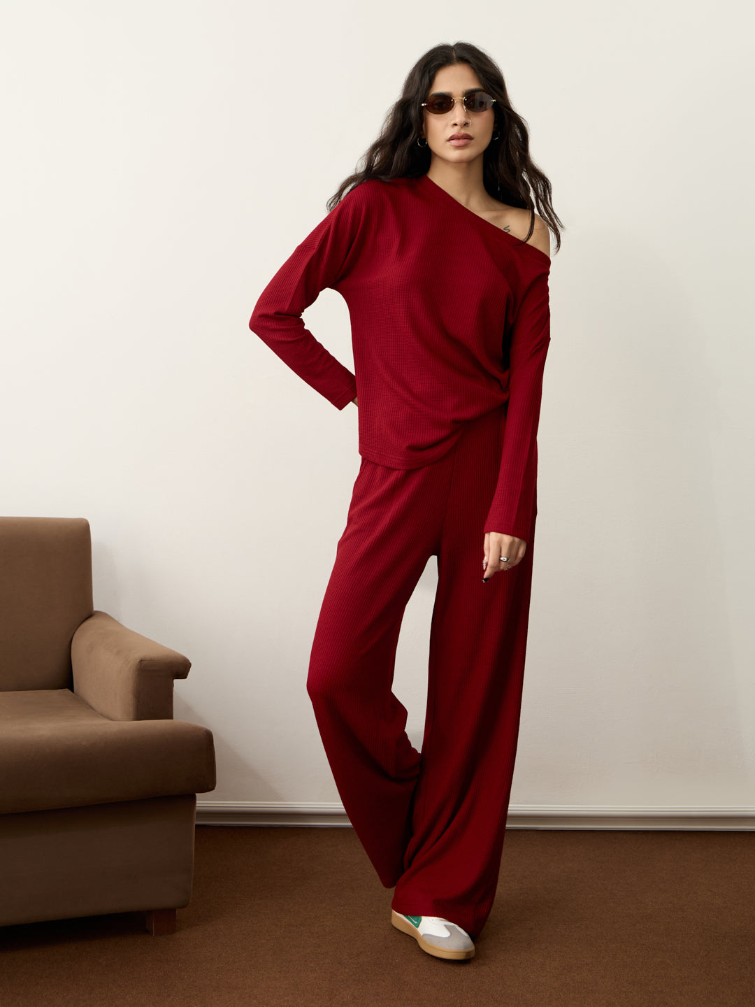 Deep Red Waffle One Shoulder Co-Ord Set