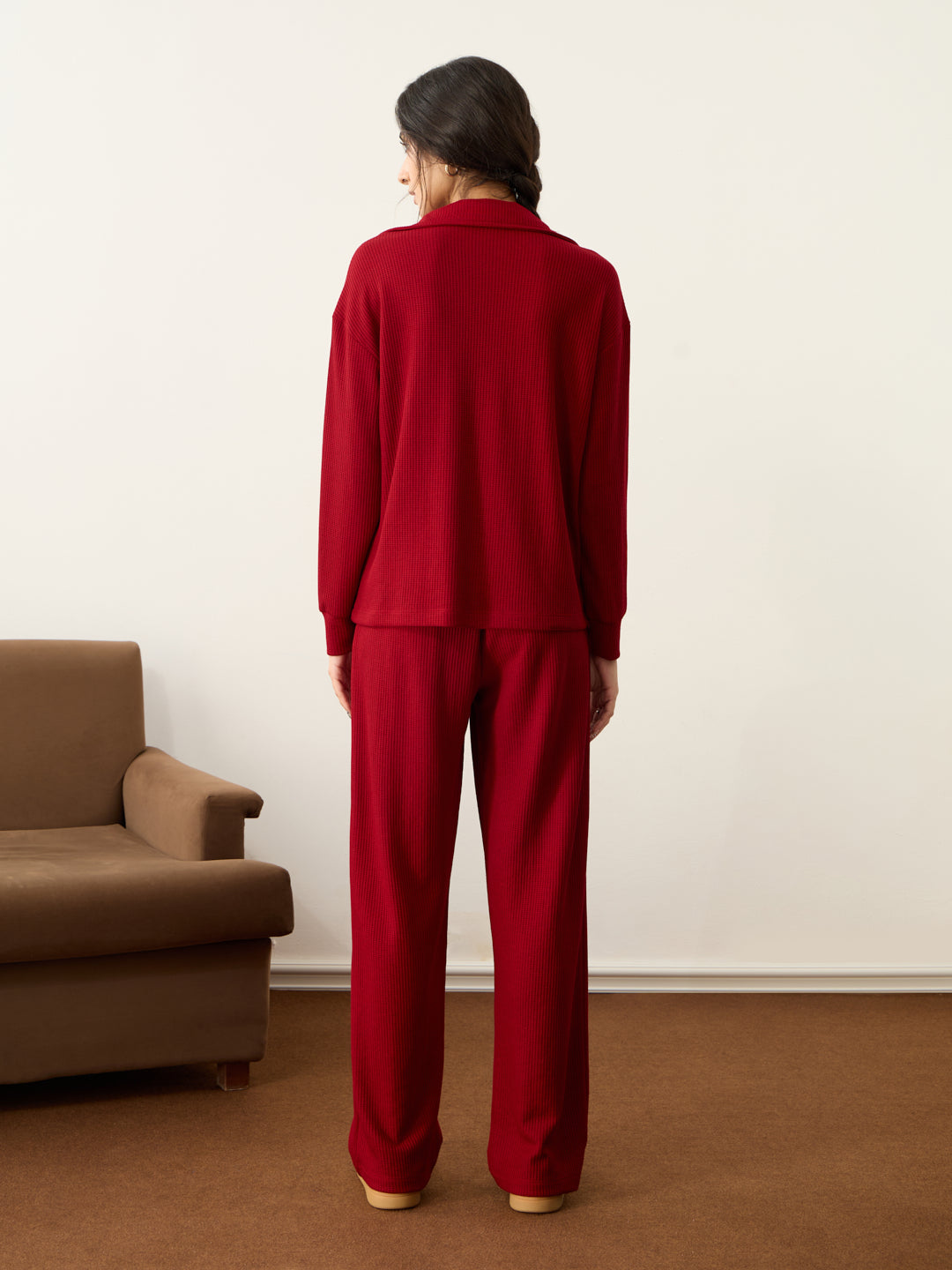 Deep Red Waffle Zip Yoke Detail Co-Ord Set
