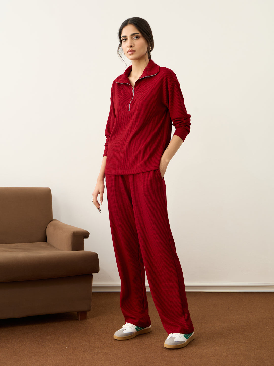 Deep Red Waffle Zip Yoke Detail Co-Ord Set
