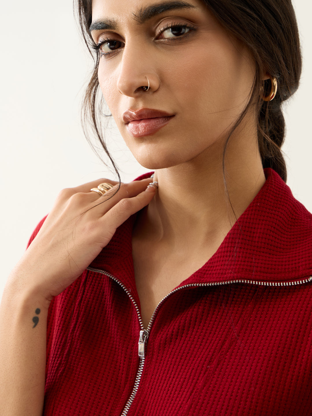 Deep Red Waffle Zip Yoke Detail Co-Ord Set