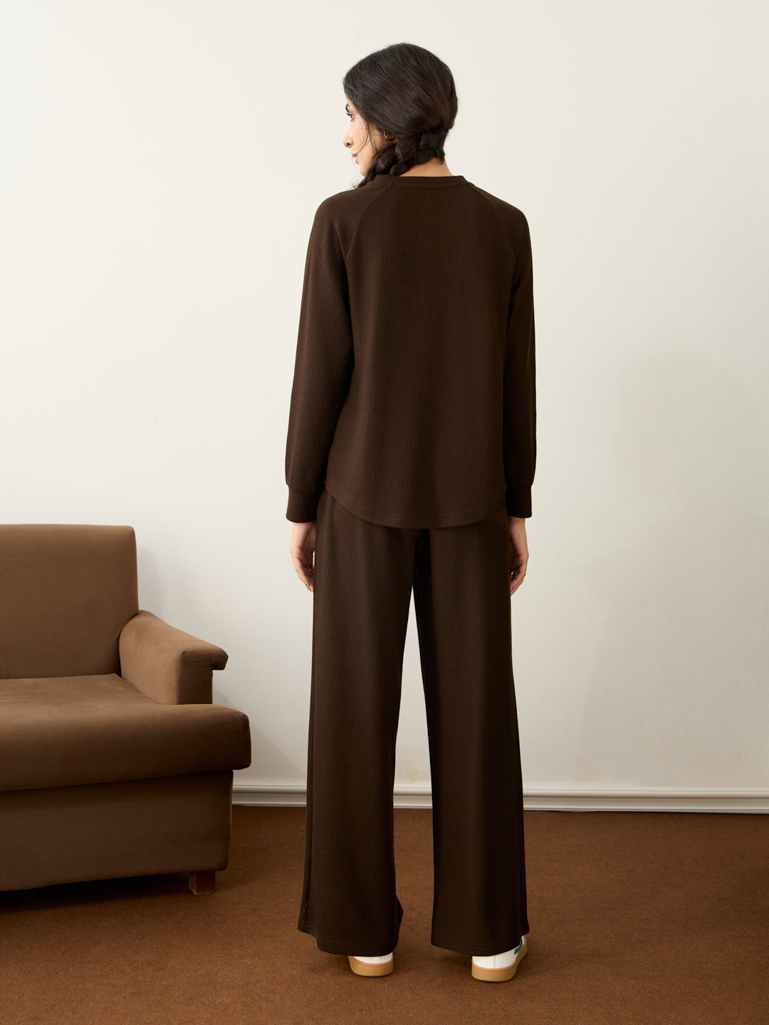 Brown Waffle Crew Neck Co-Ord Set
