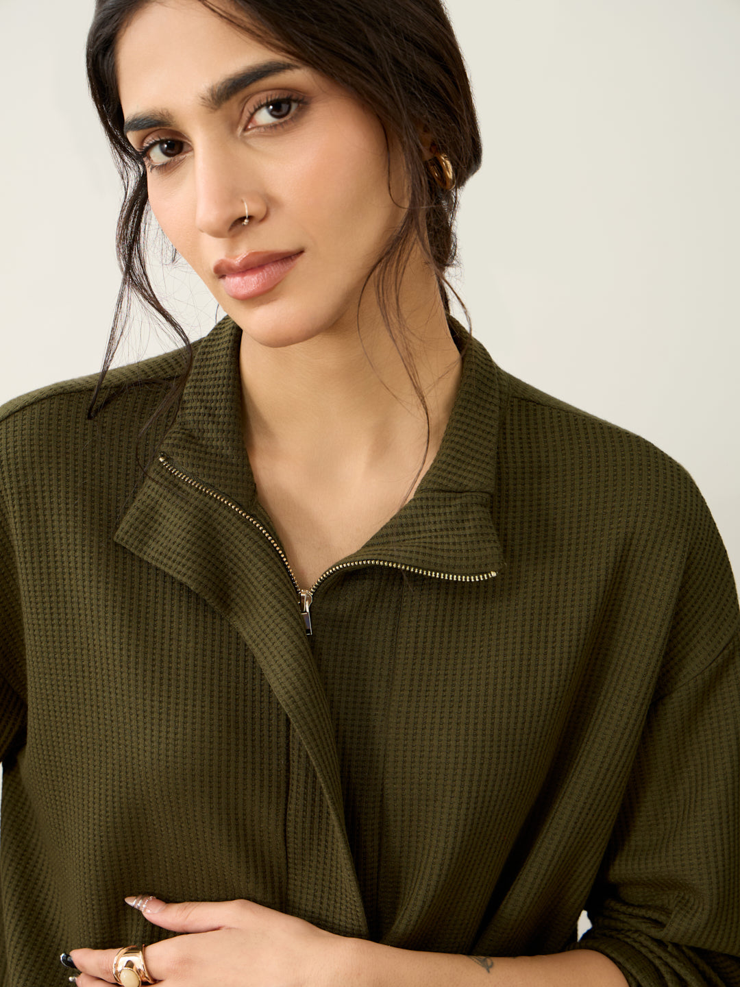 Olive Waffle Half Zip Up Co-Ord Set