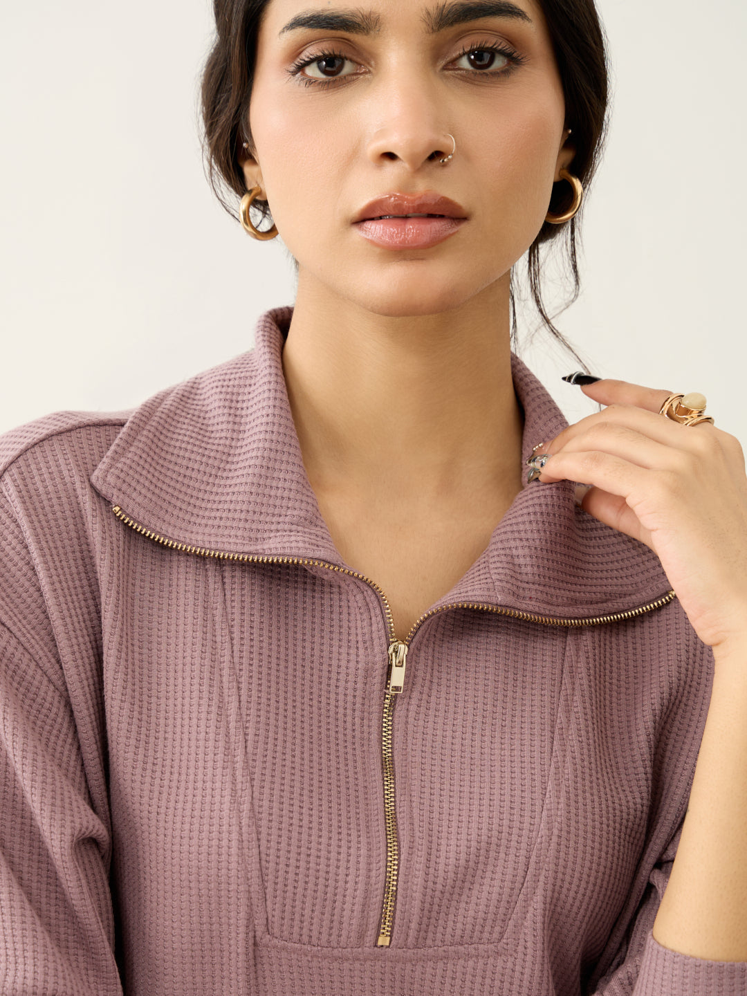 Mauve Waffle Zip Yoke Detail Co-Ord Set