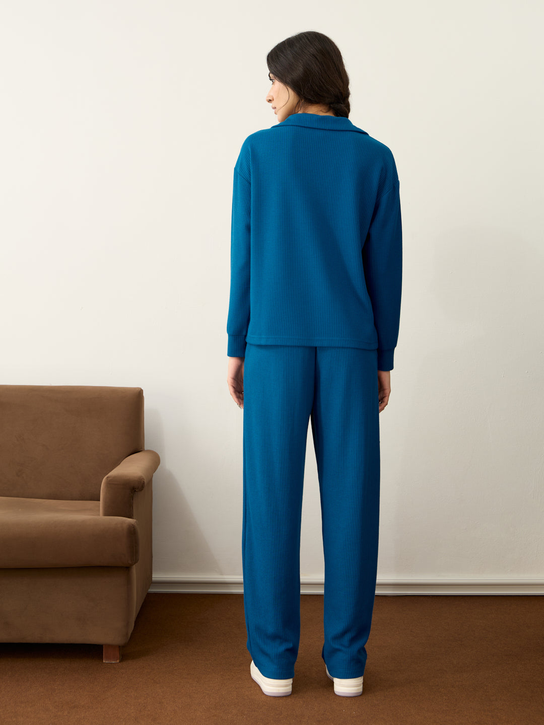 French Blue Waffle Collared Co-Ord Set