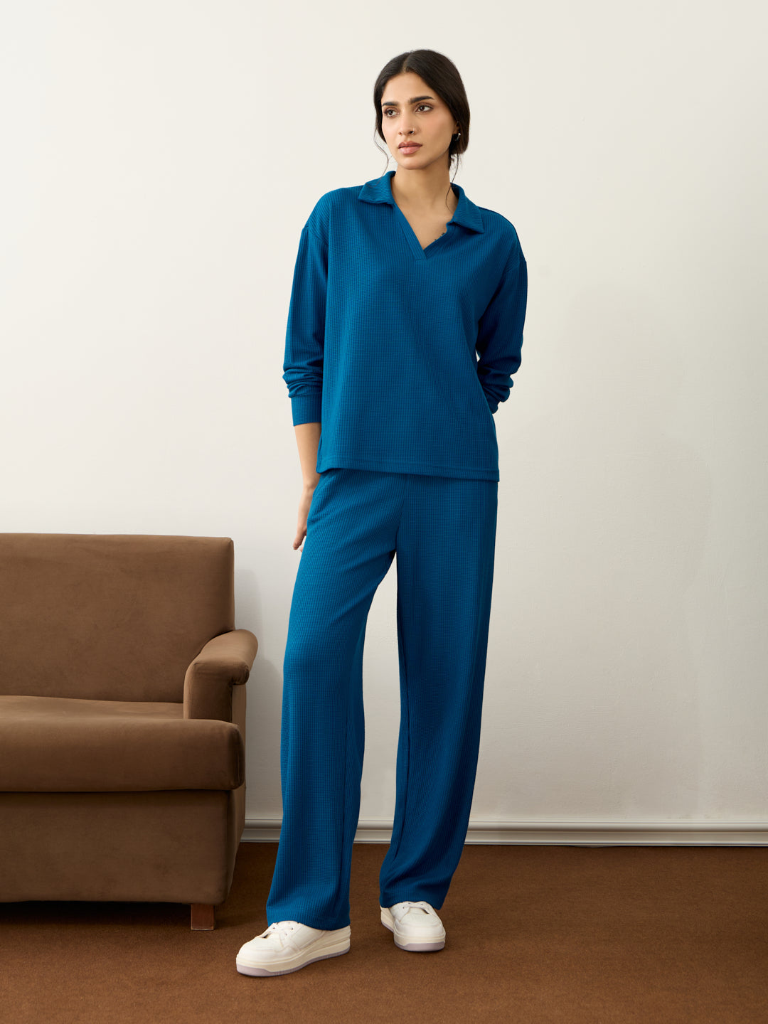 French Blue Waffle Collared Co-Ord Set