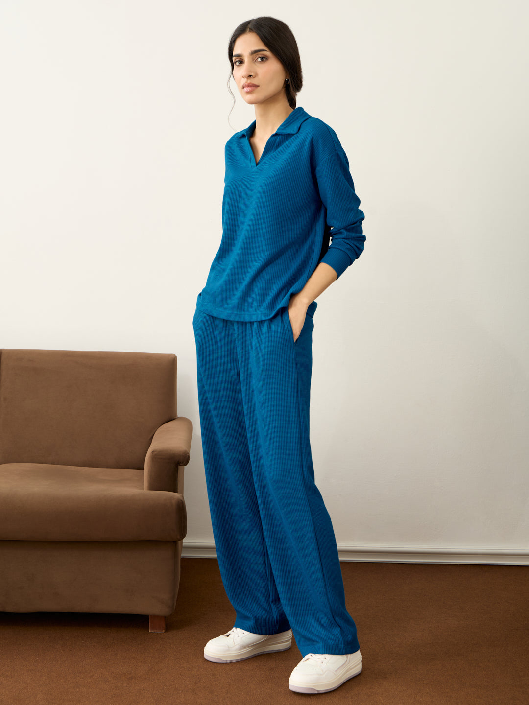 French Blue Waffle Collared Co-Ord Set