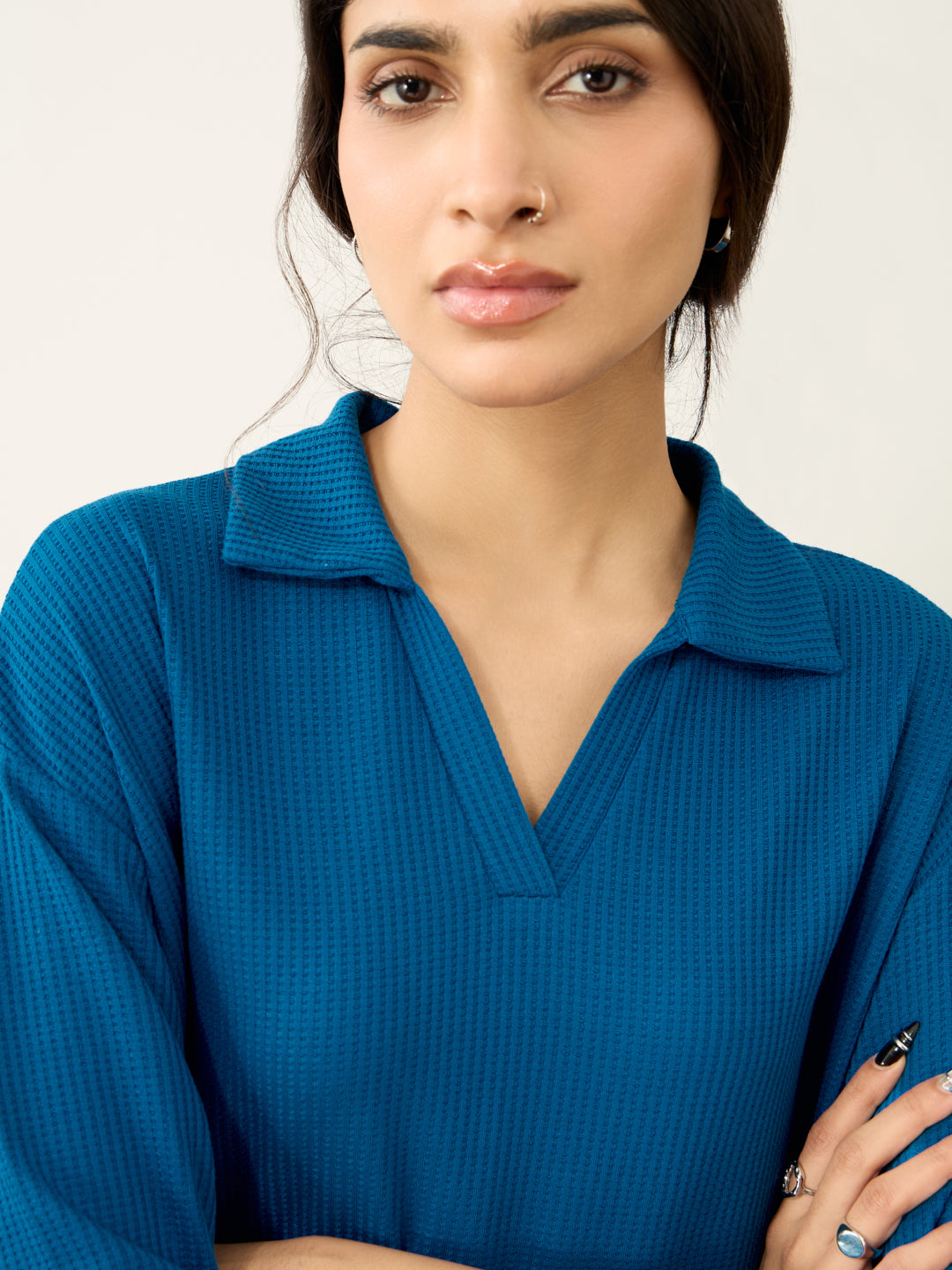 French Blue Waffle Collared Co-Ord Set