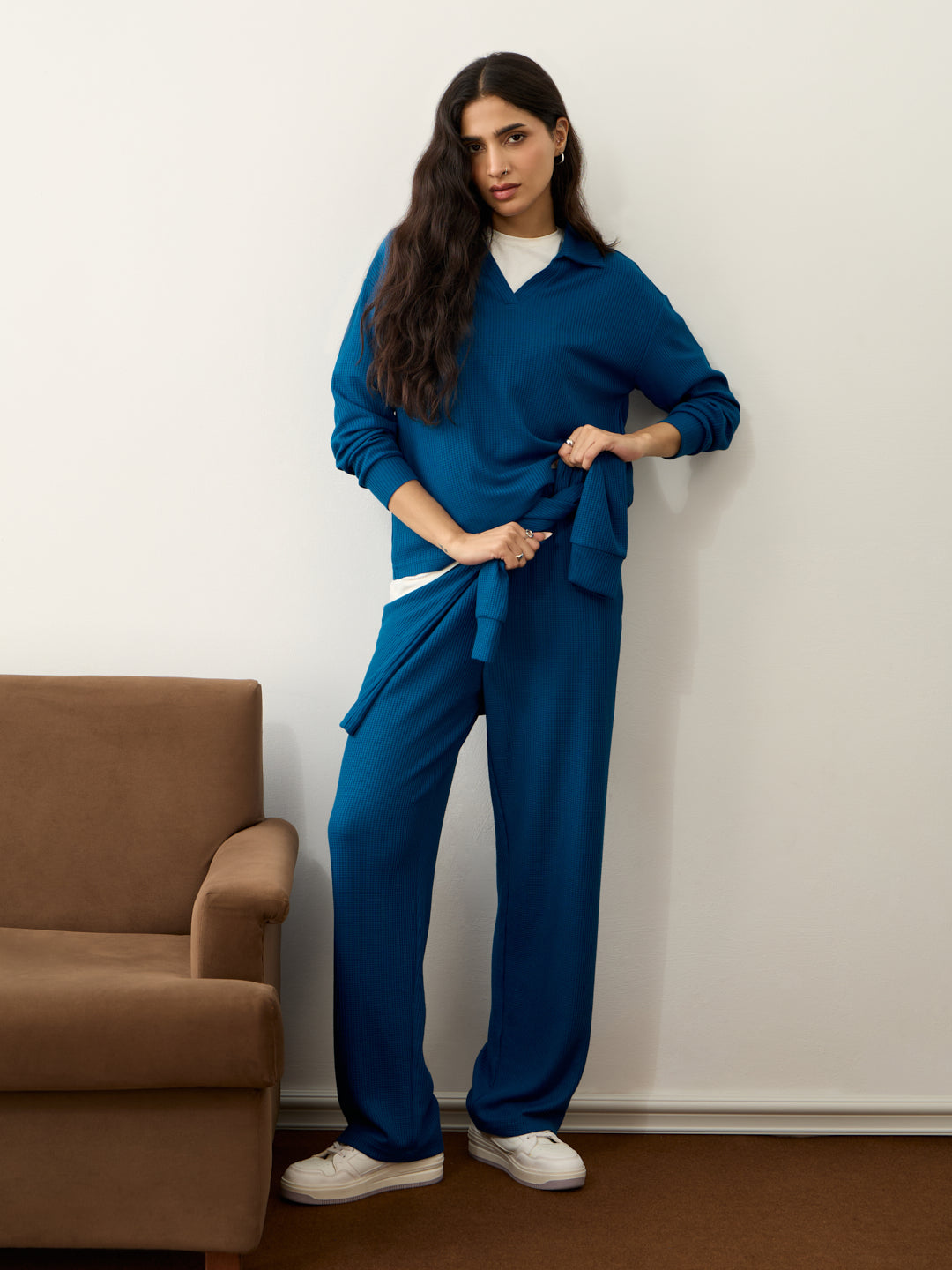 French Blue Waffle Collared Co-Ord Set