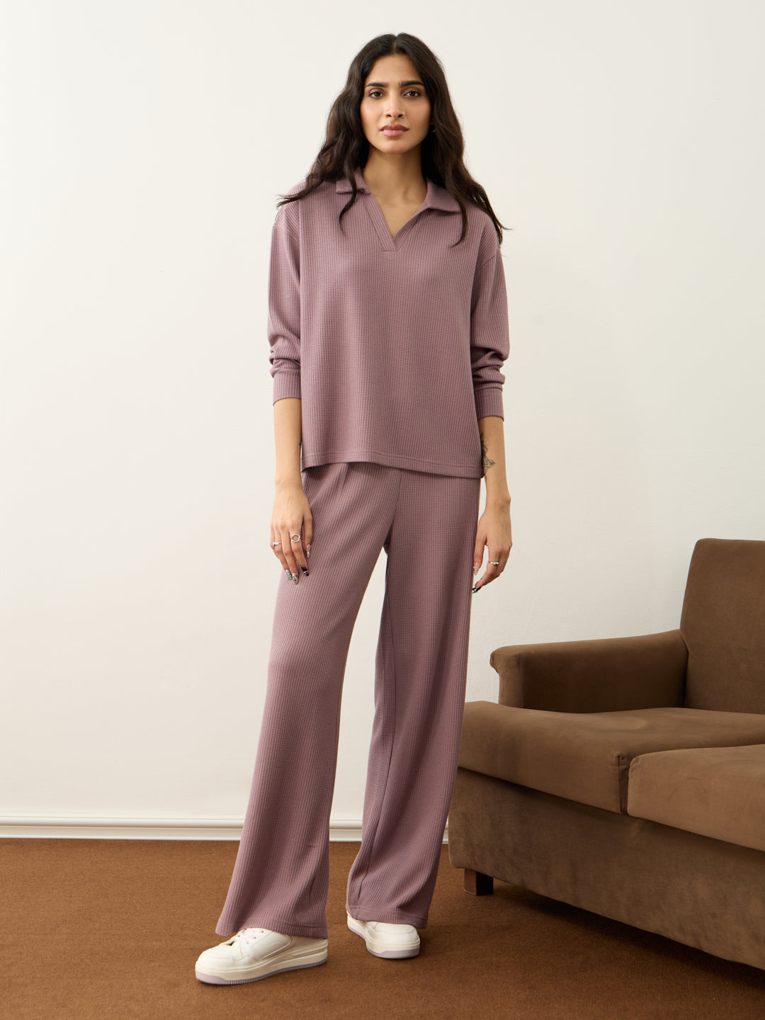 Mauve Waffle Collared Co-Ord Set