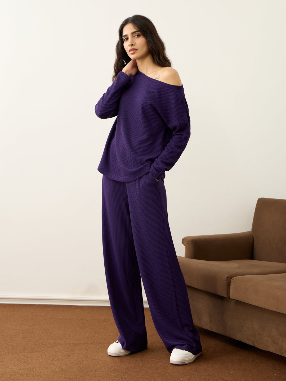Deep Purple Waffle One Shoulder Co-Ord Set