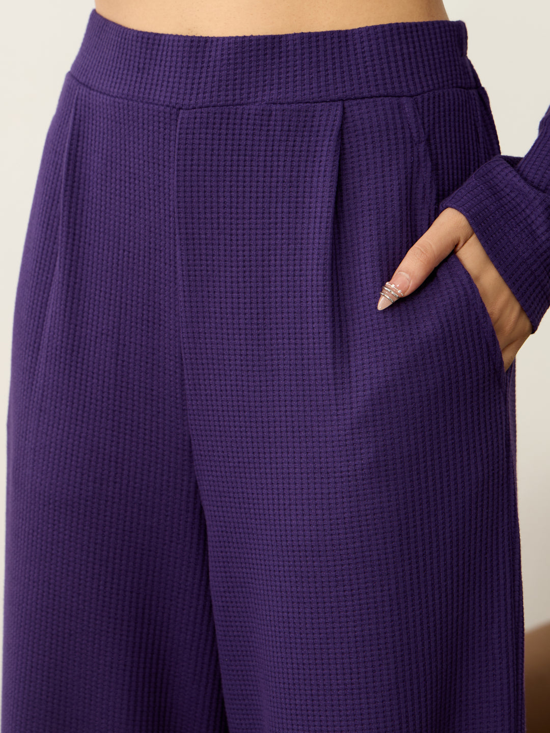 Deep Purple Waffle One Shoulder Co-Ord Set