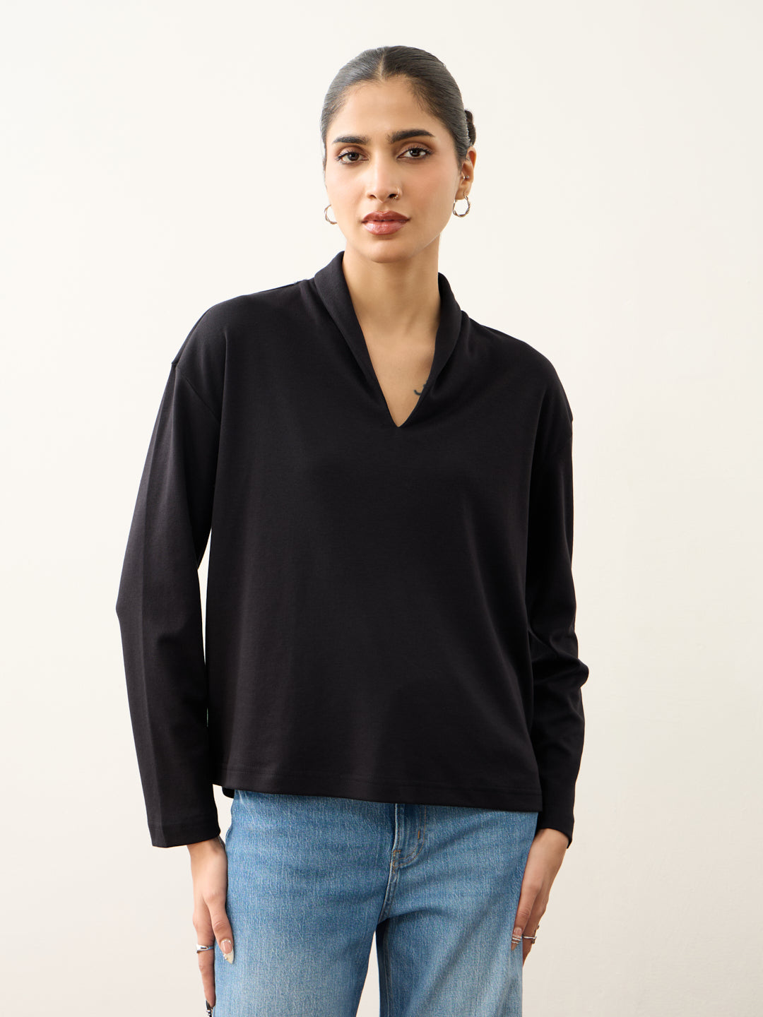 Black Roll Up V-Neck T-Shirt