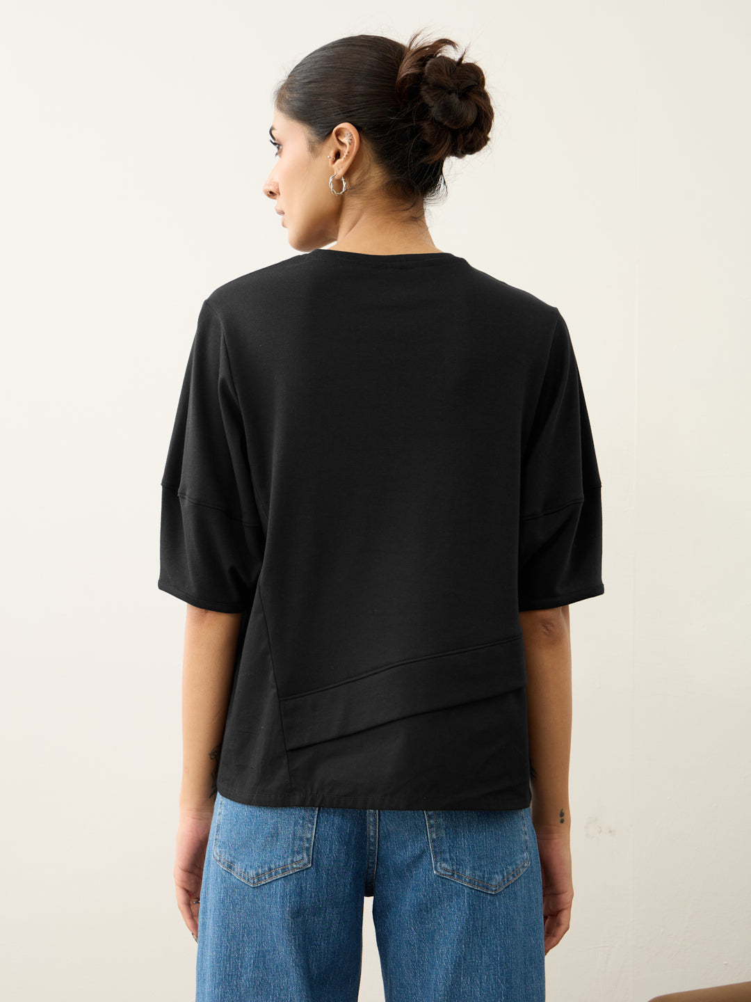 Black Poplin-Panelled T-Shirt