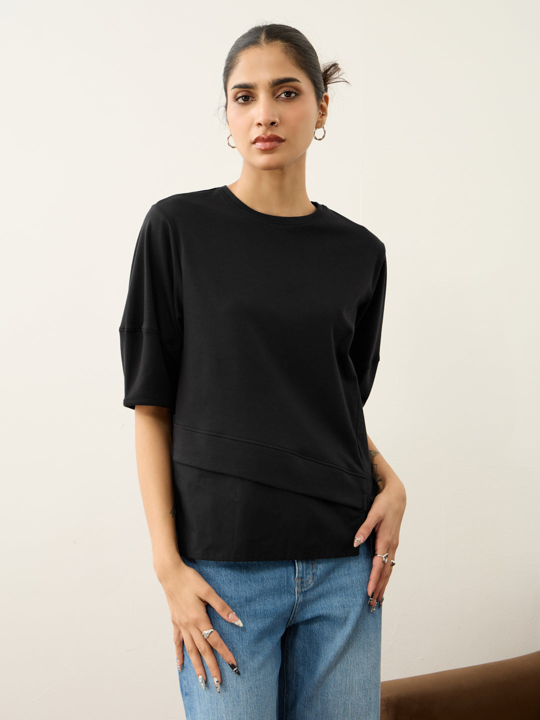 Black Poplin-Panelled T-Shirt