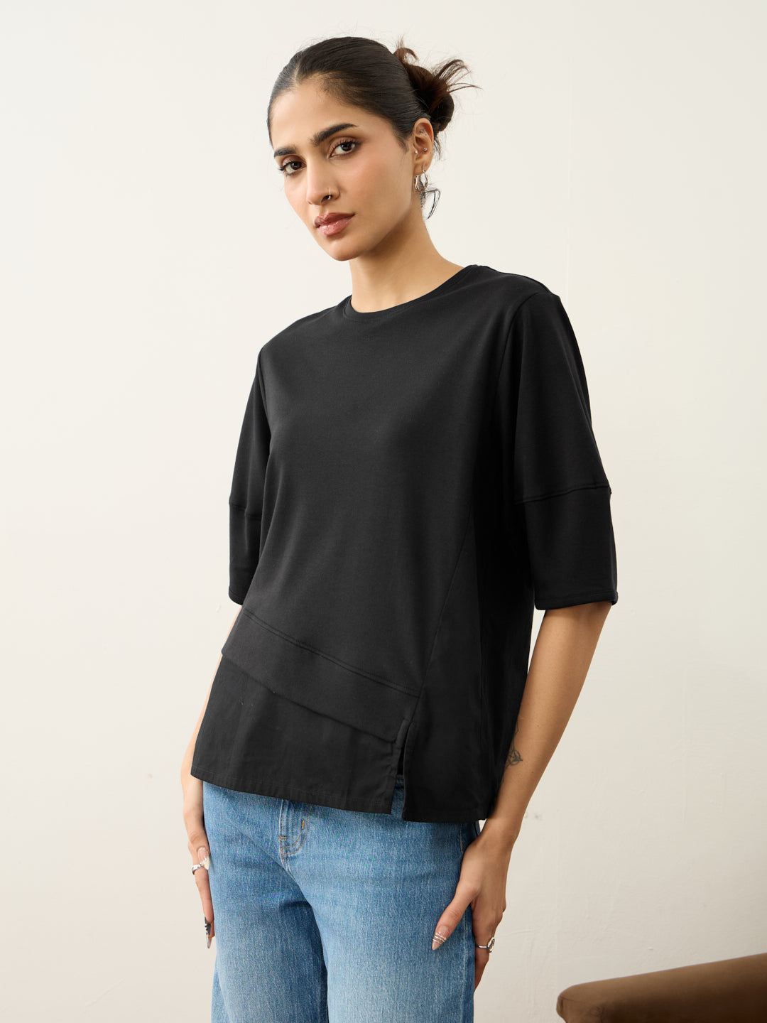 Black Poplin-Panelled T-Shirt