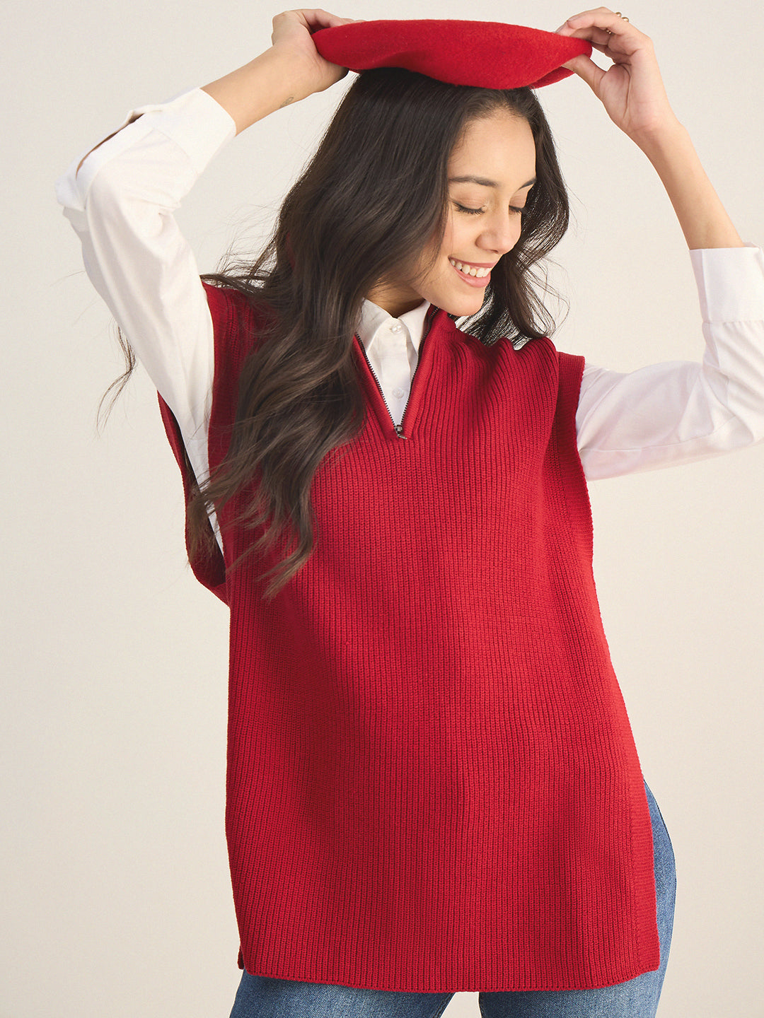 Deep Red Half Zipper Sweater Vest