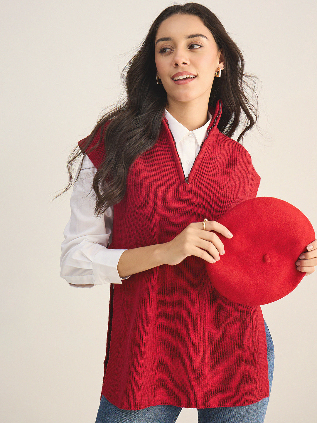 Deep Red Half Zipper Sweater Vest
