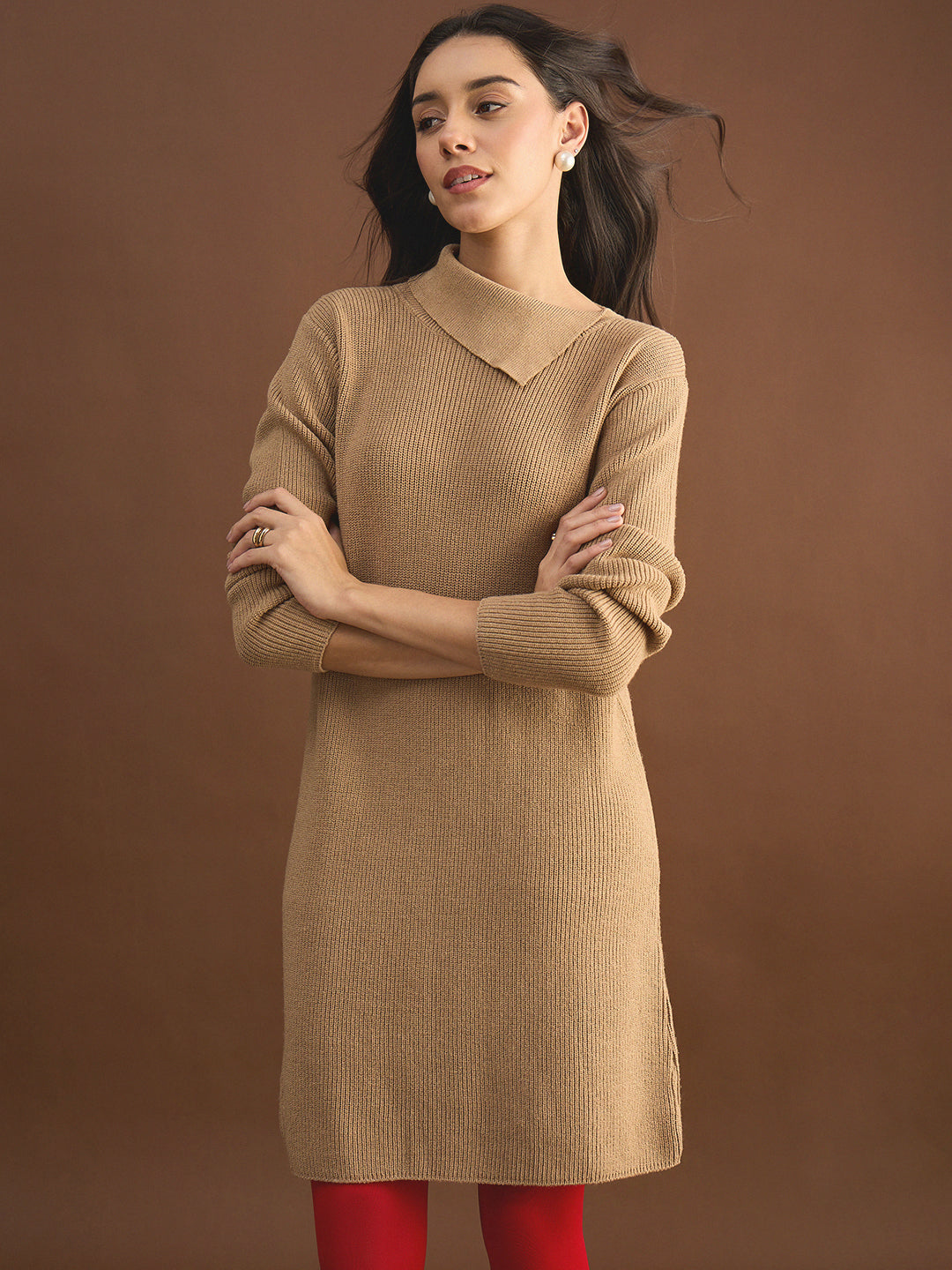Beige High Neck Sweater Knee Length Dress
