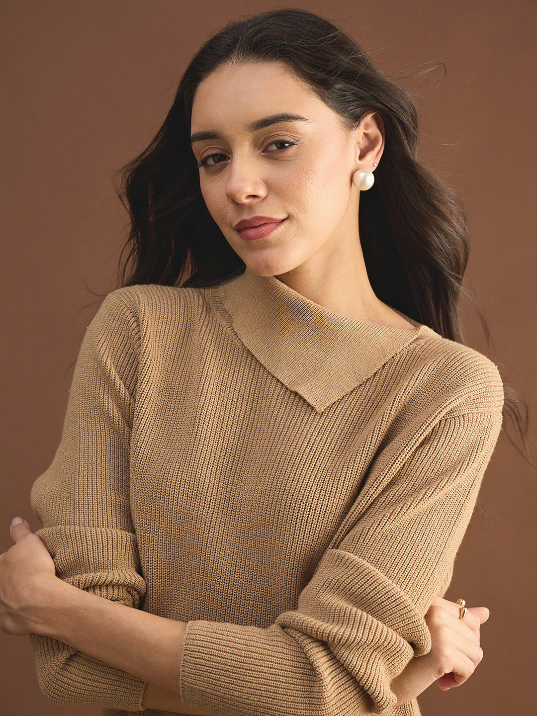 Beige High Neck Sweater Knee Length Dress