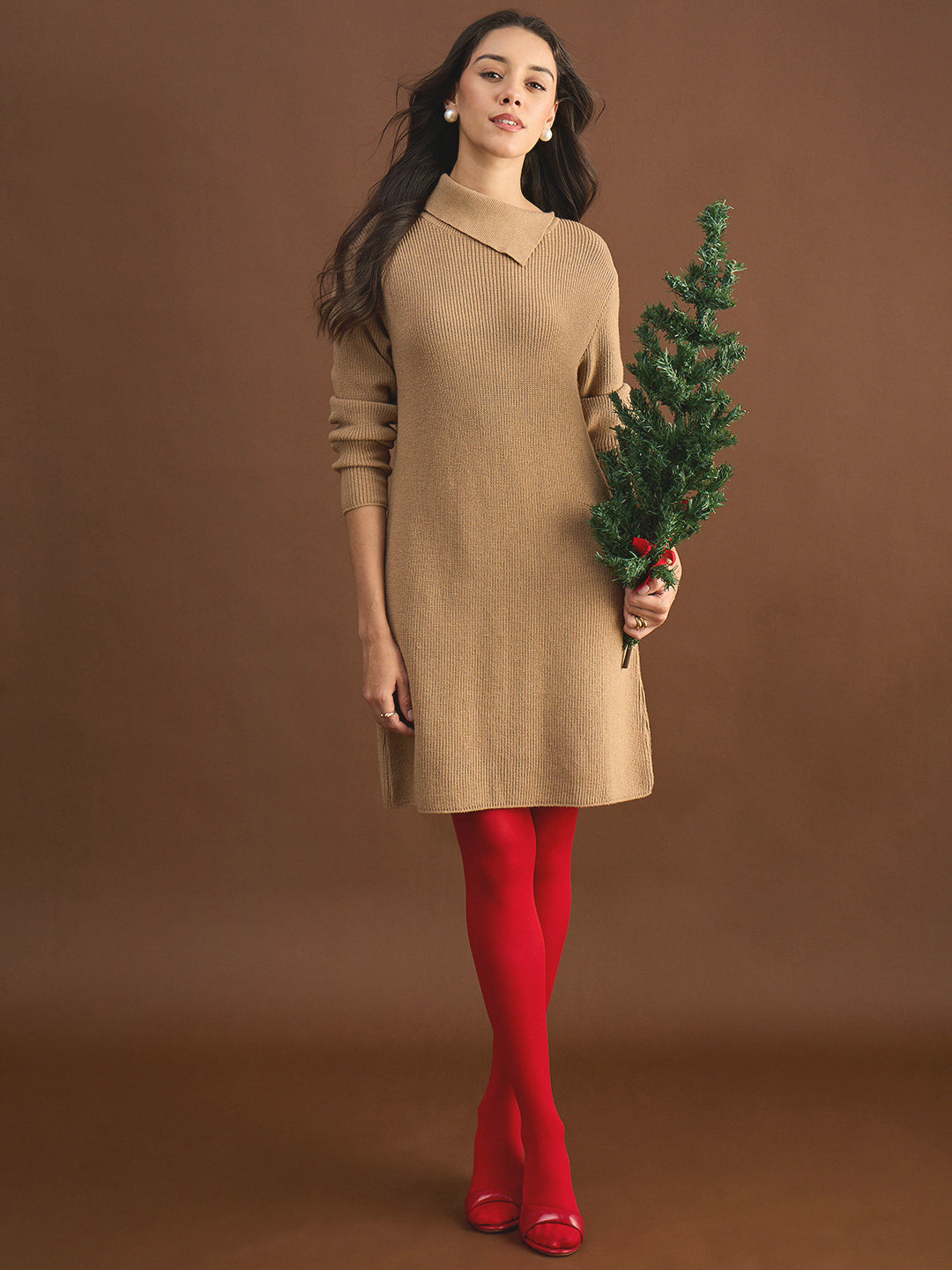 Beige High Neck Sweater Knee Length Dress