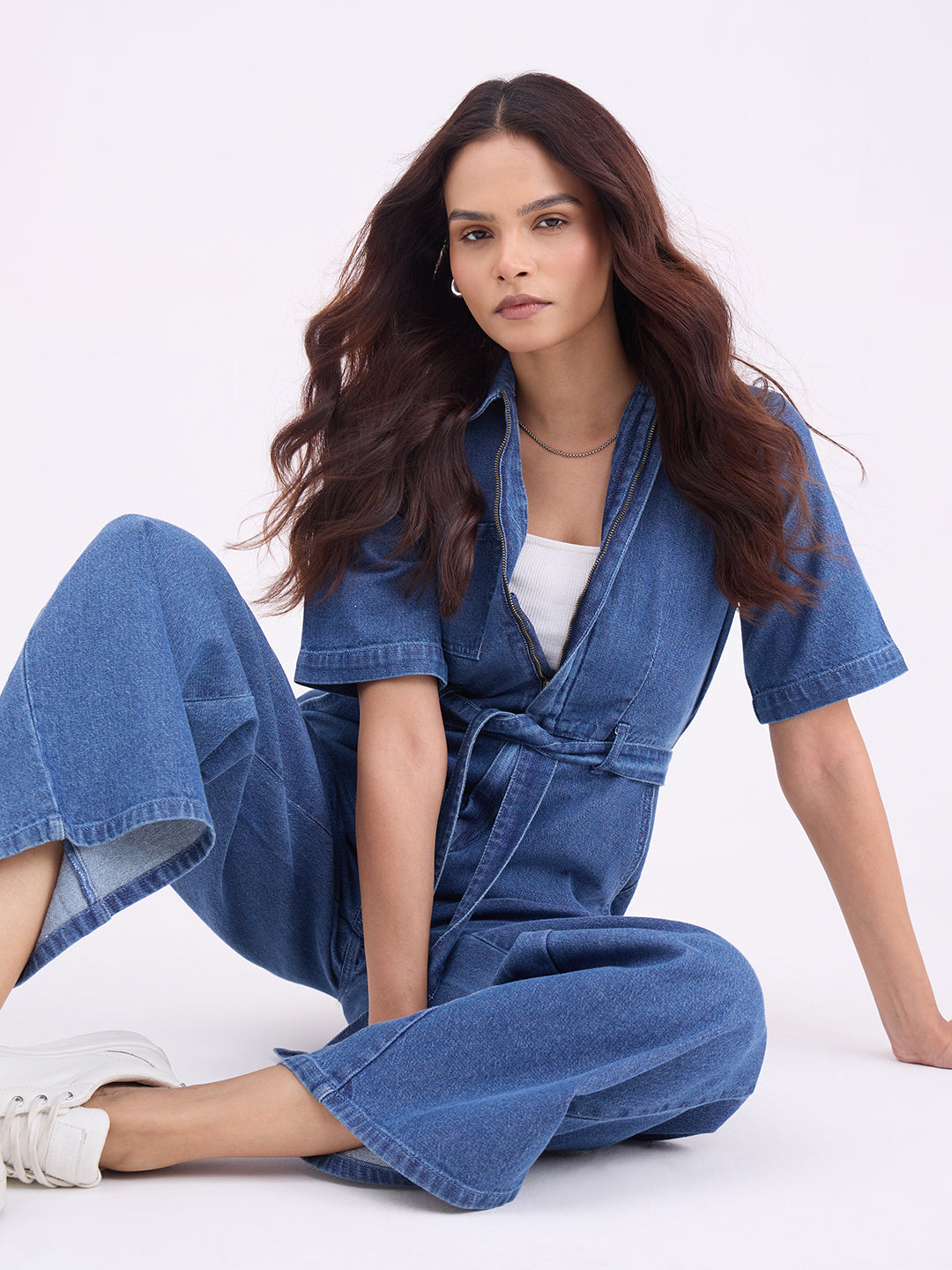 Mid Blue Zip-Up Denim Jumpsuit