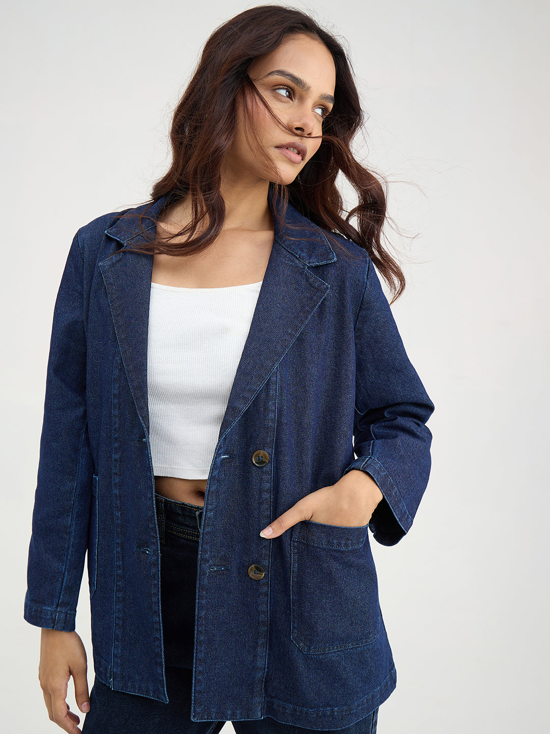 Navy Blue Oversized Denim Blazer