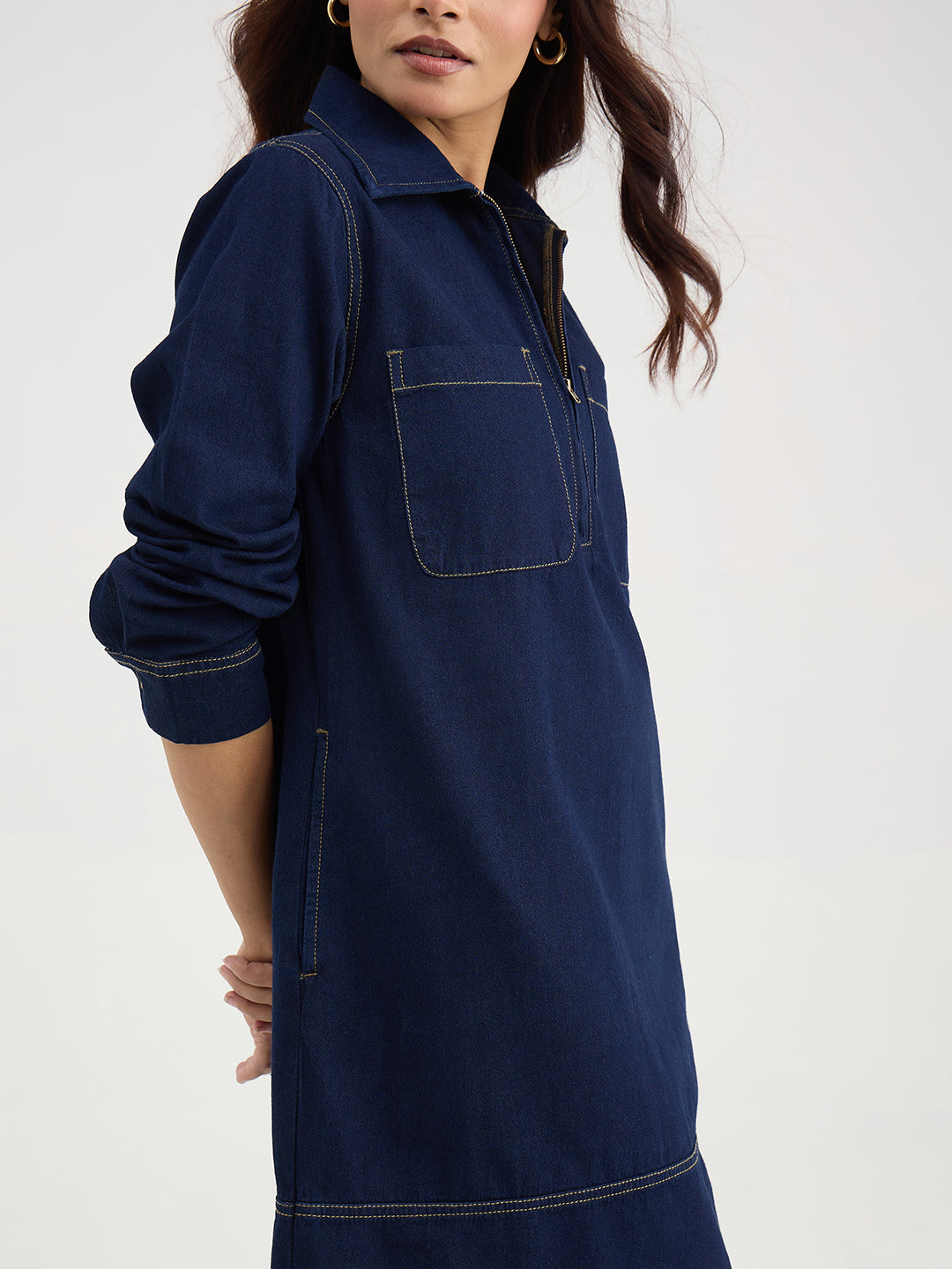 Navy Blue Half Zip-Up Denim Dress