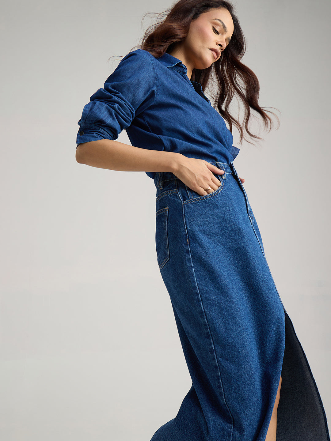 Navy Blue Denim Front Slit Maxi Skirt